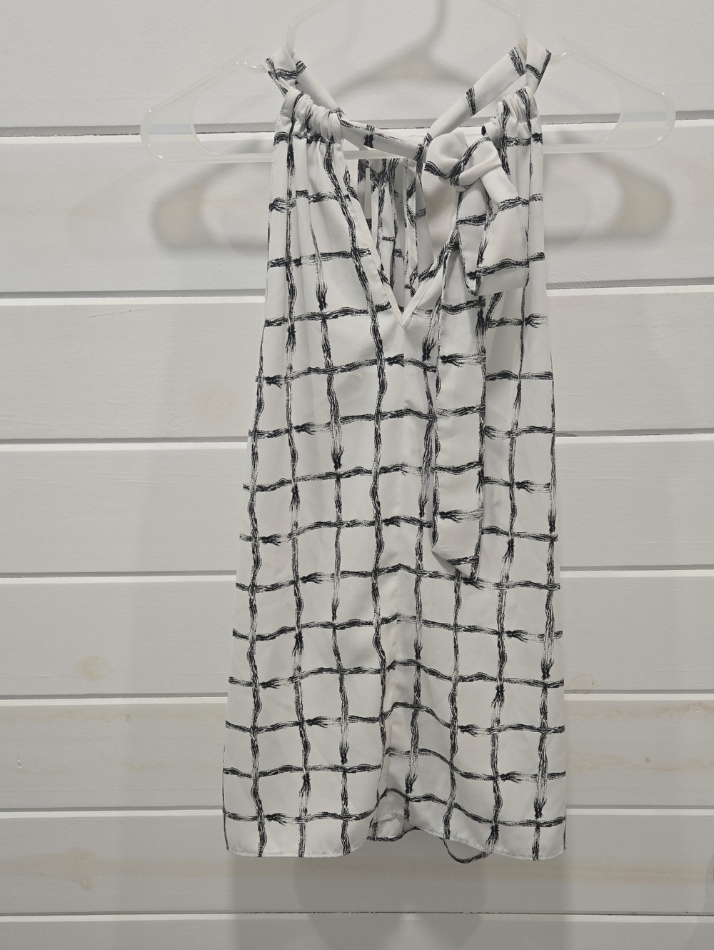 41 Hawthorn White Halter Tank with Black Grid Print and Knotted Neck